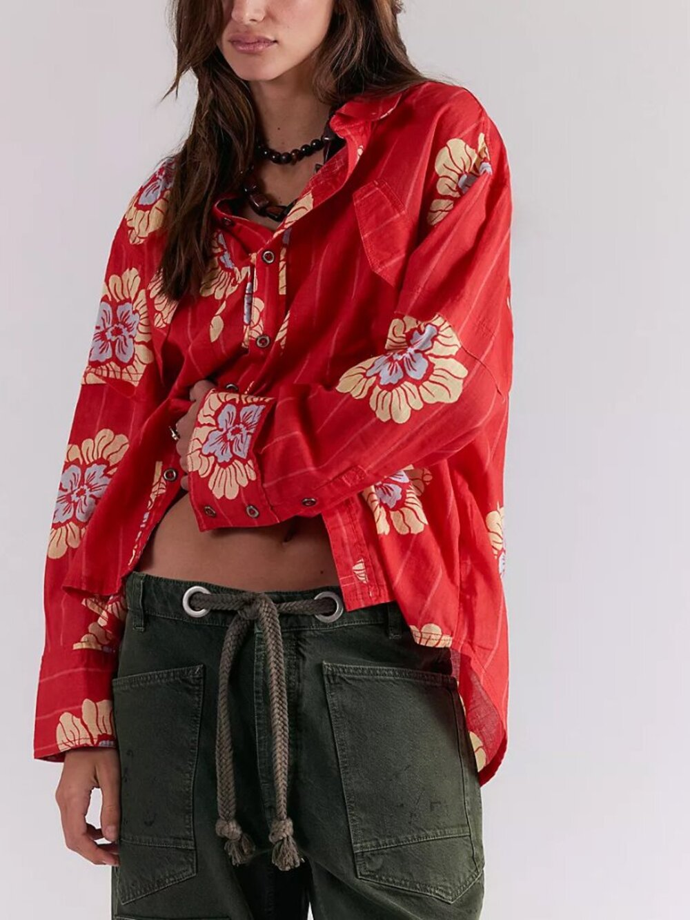 Free People Red Floral Button-Down Shirt - Picture 7 of 8